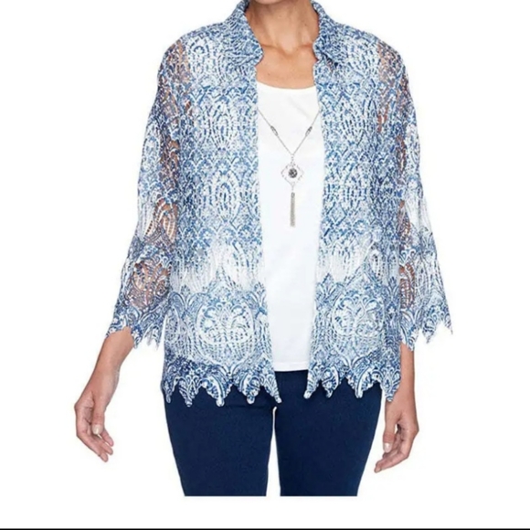 Alfred Dunner Denim Friendly Layered-Look Necklace Top Size 2X NWT White Blue - Picture 1 of 16